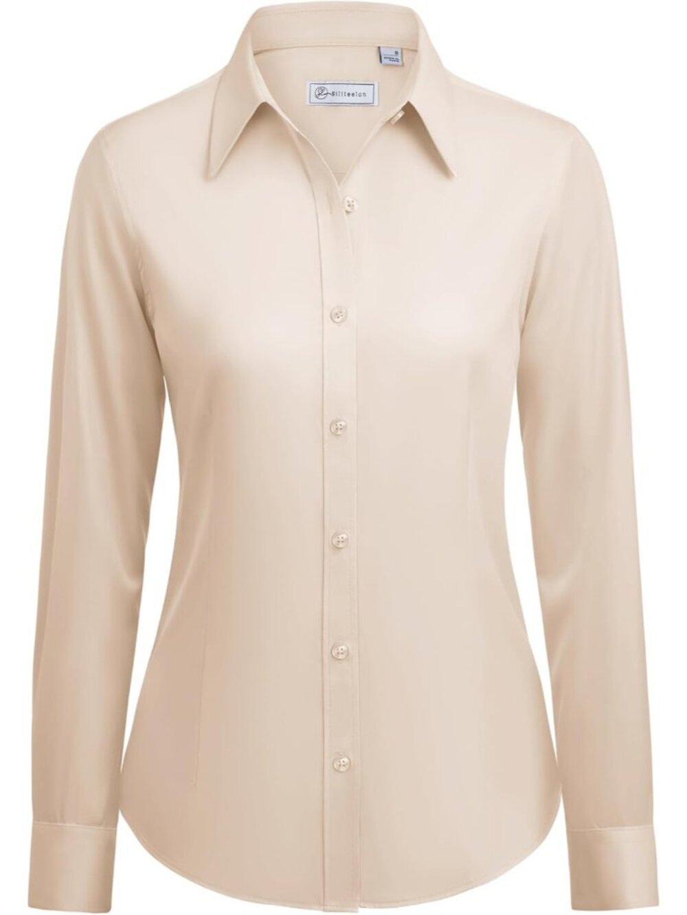 Women's Beige Button Down Long Sleeve Classic Fit Collared Dress Wrinkle Shirts